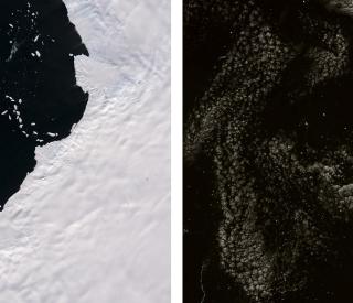 Before and After: Satellite images of shrinking glaciers along western Antarctica. At left, February 18, 1975 — and right, March 2, 2015. (NASA Earth Observatory) 
